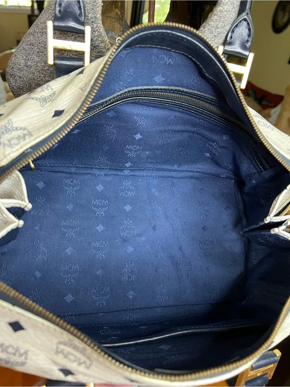 MCM Vintage White Visetos Boston Satchel Bag Navy Leather Gold Hardware